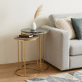 Set of Two Gray Stone and Gold Marble and Iron Round Nested Tables
