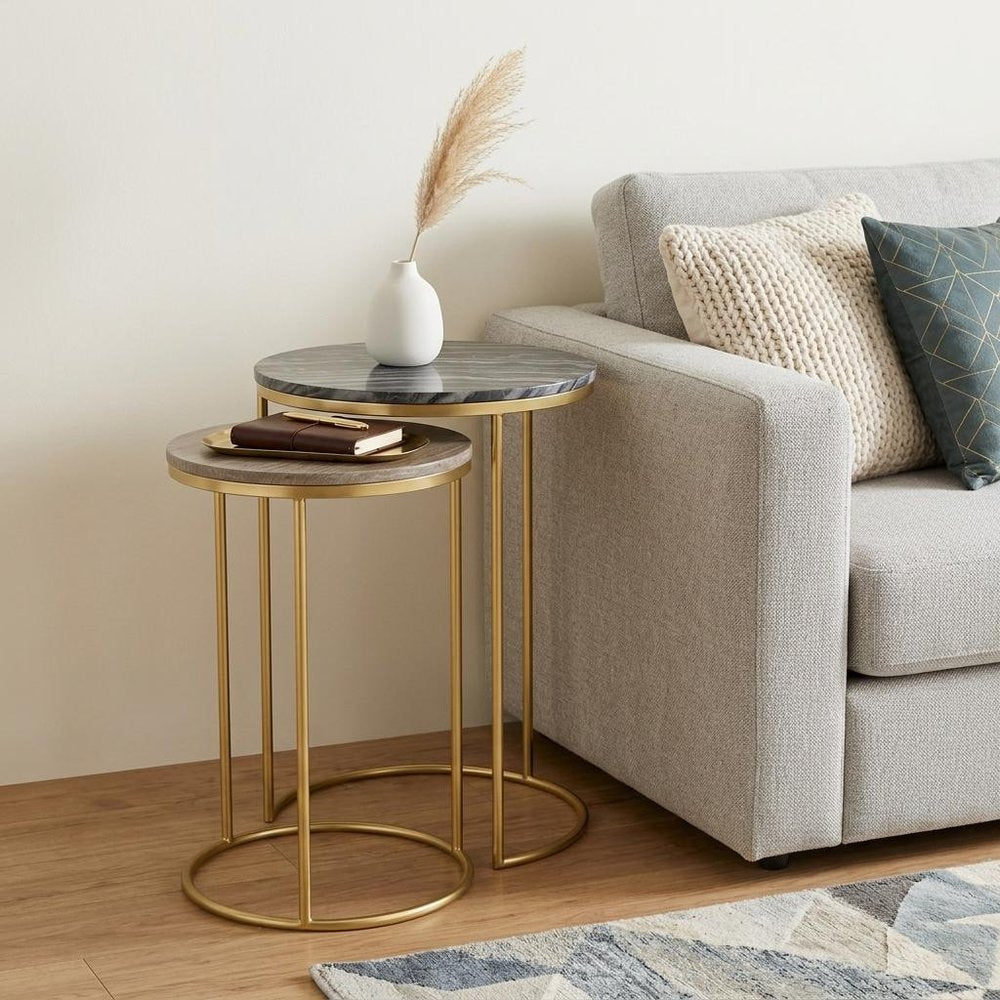 Set of Two Gray Stone and Gold Marble and Iron Round Nested Tables