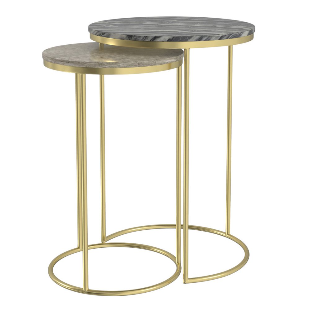 Set of Two Gray Stone and Gold Marble and Iron Round Nested Tables
