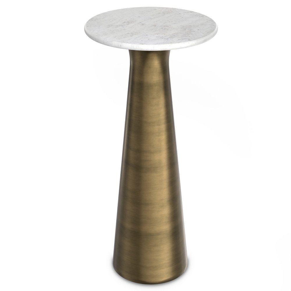 Gray White and Antiqued Brass Distressed Marble and Iron Round Pedestal End Table and Trunk Storage