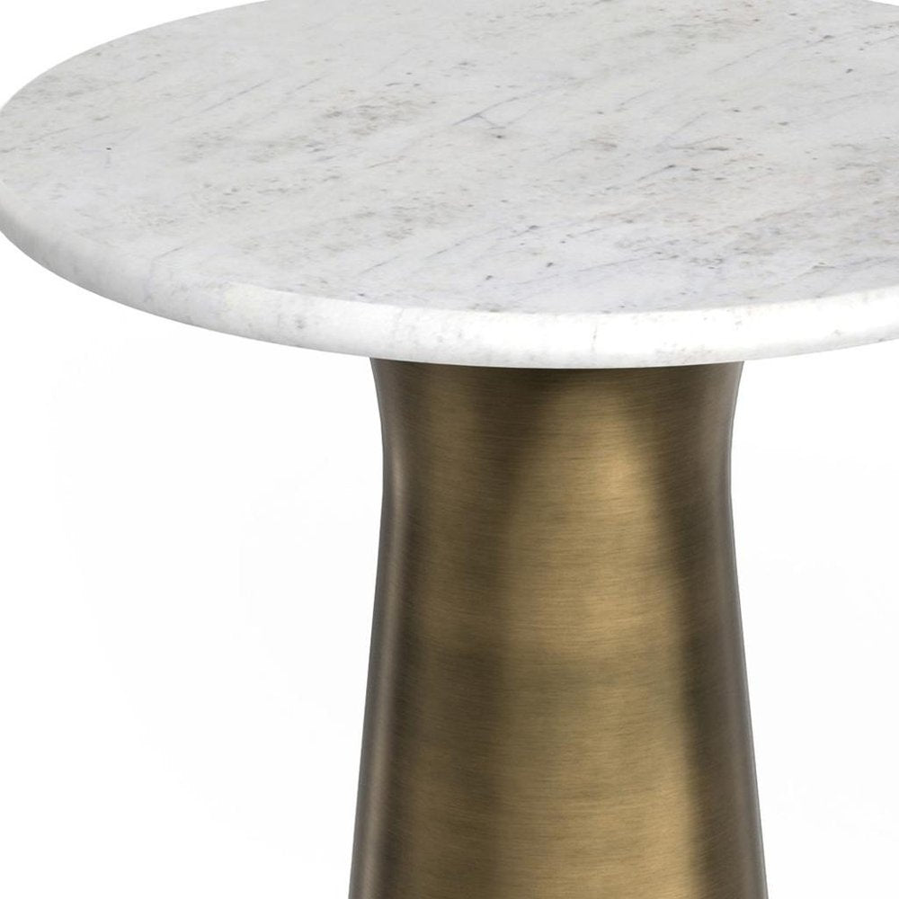 Gray White and Antiqued Brass Distressed Marble and Iron Round Pedestal End Table and Trunk Storage