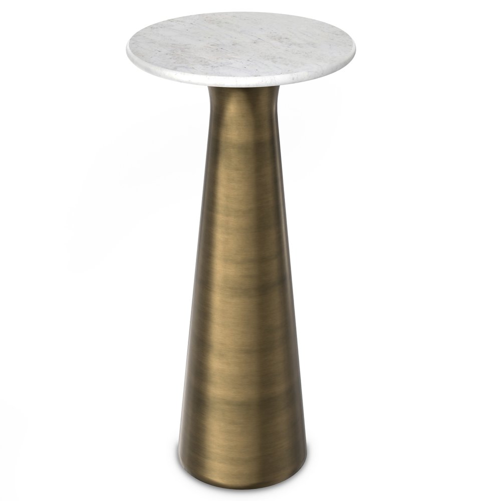 Gray White and Antiqued Brass Distressed Marble and Iron Round Pedestal End Table and Trunk Storage