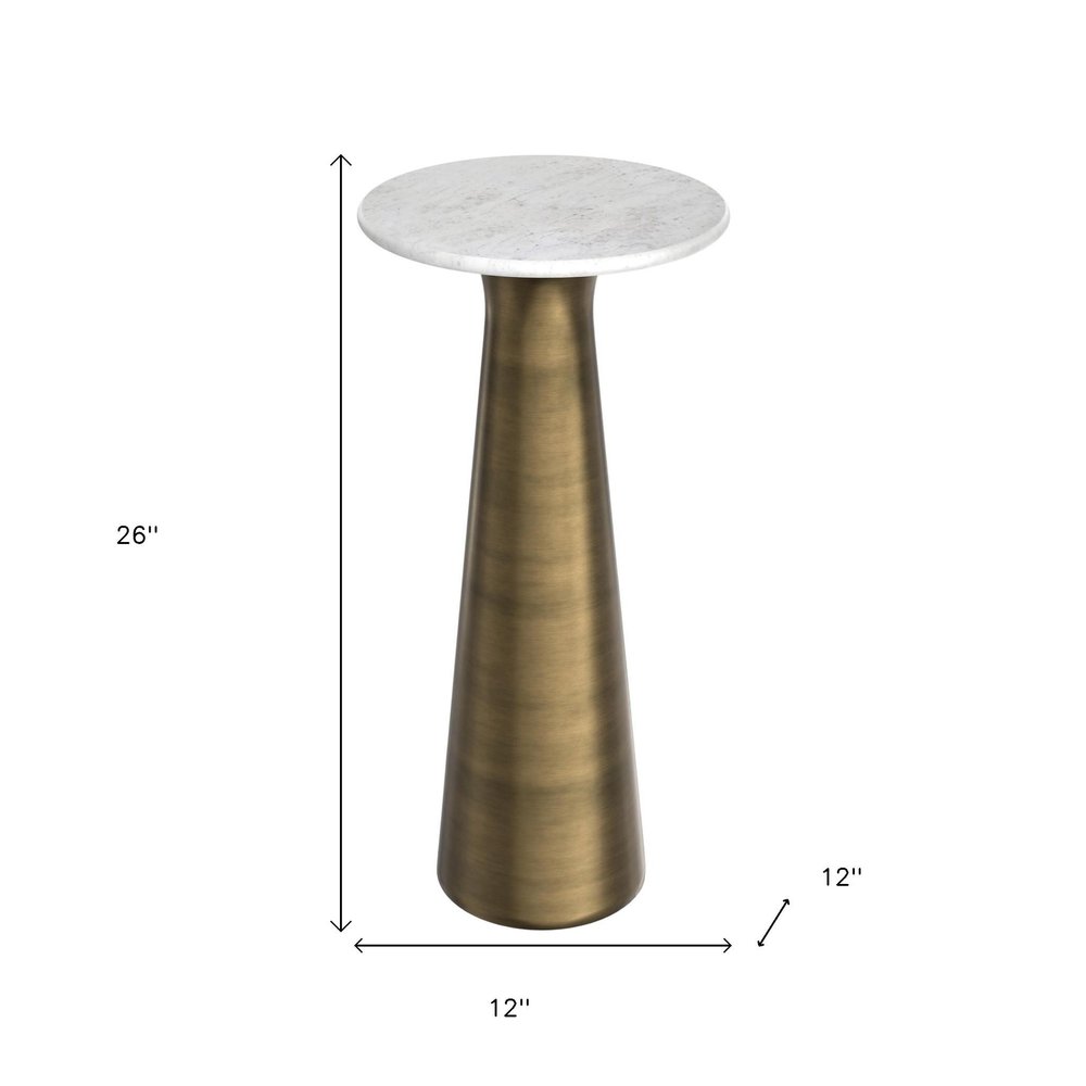 Gray White and Antiqued Brass Distressed Marble and Iron Round Pedestal End Table and Trunk Storage