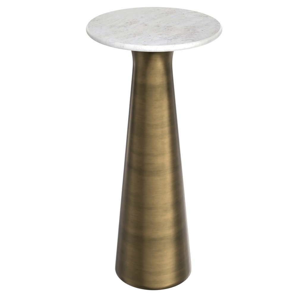 Gray White and Antiqued Brass Distressed Marble and Iron Round Pedestal End Table and Trunk Storage