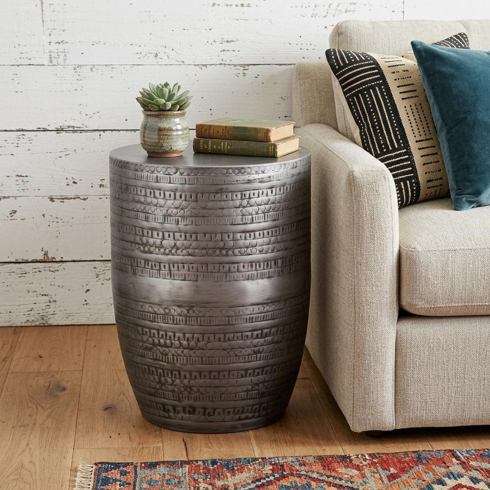 Silver Distressed Iron Round Drum End Table - 20-inch