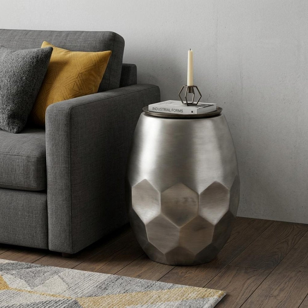 Silver Distressed Iron Round Drum End Table - 20-inch