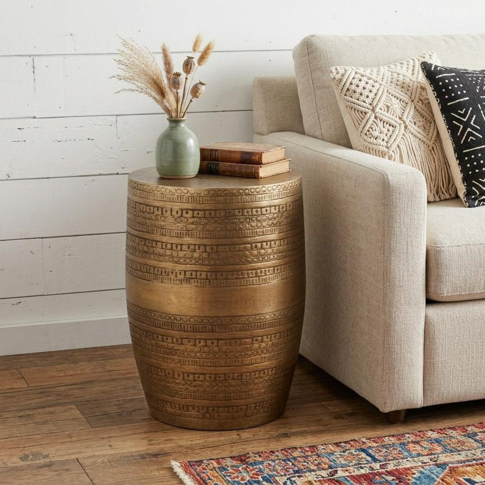 Antiqued Gold Distressed Iron Round Drum End Table - 20-inch