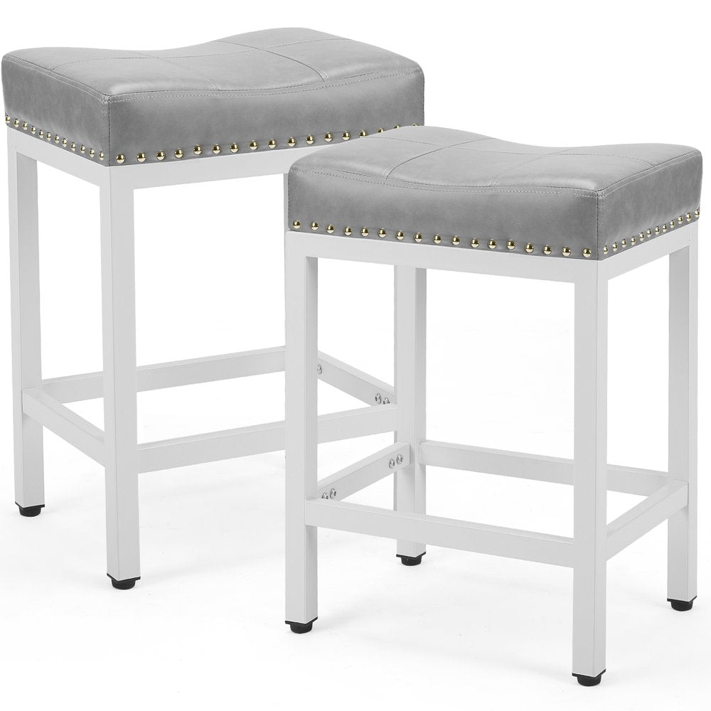 Set of Two 22 Gray and White Faux Leather and Steel Backless Bar Chairs