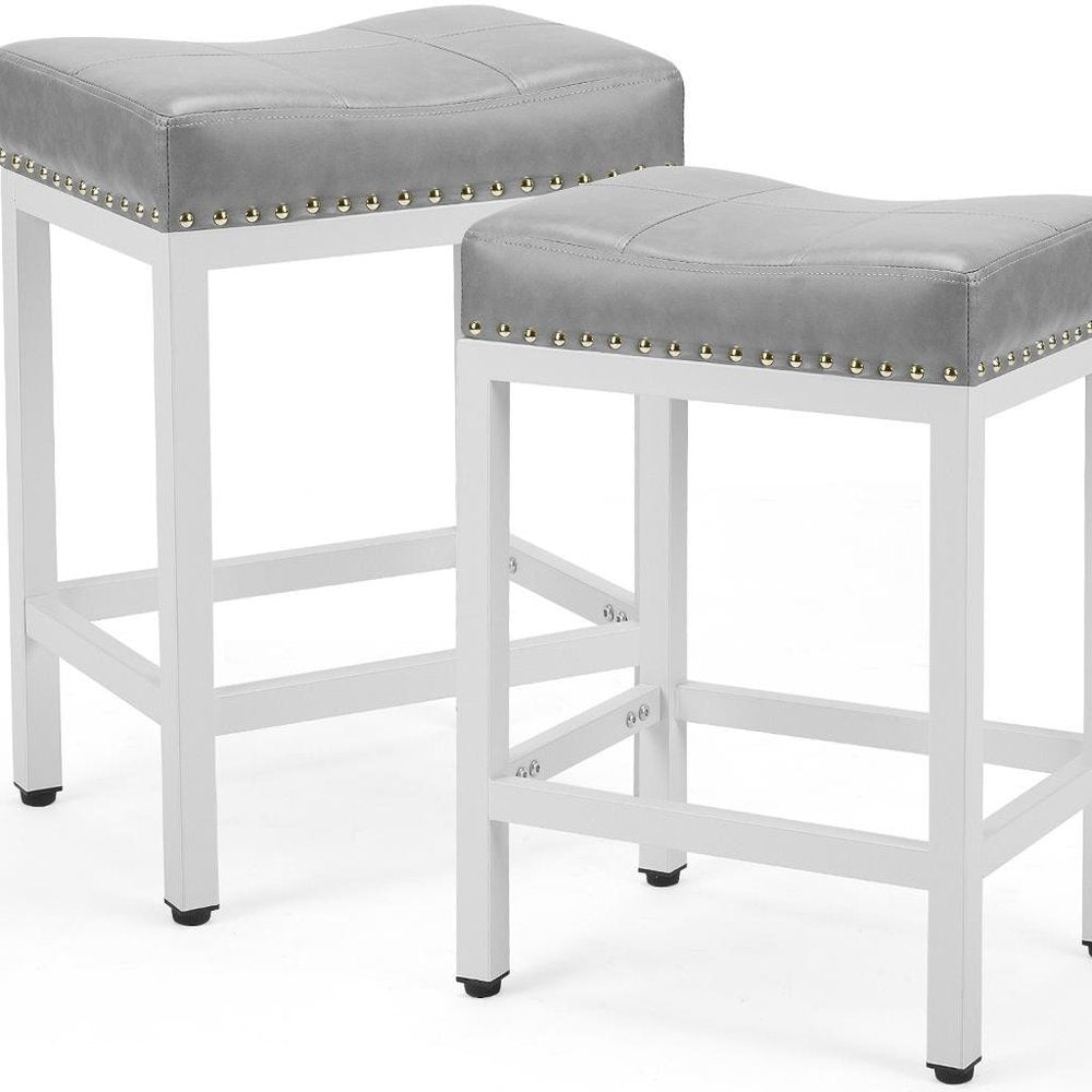 Set of Two 22 Gray and White Faux Leather and Steel Backless Bar Chairs