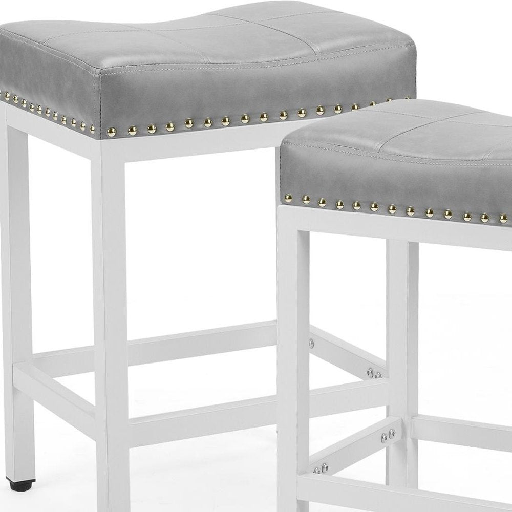 Set of Two 22 Gray and White Faux Leather and Steel Backless Bar Chairs