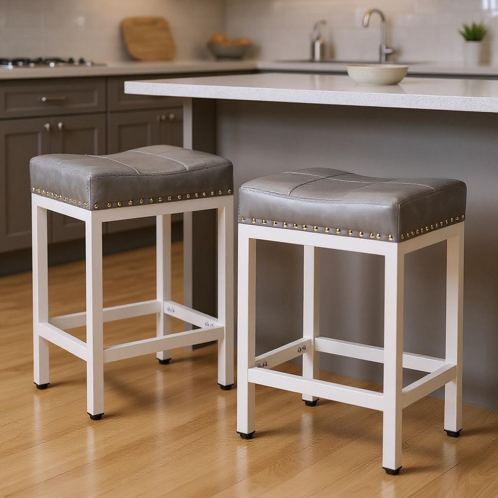 Set of Two 22 Gray and White Faux Leather and Steel Backless Bar Chairs