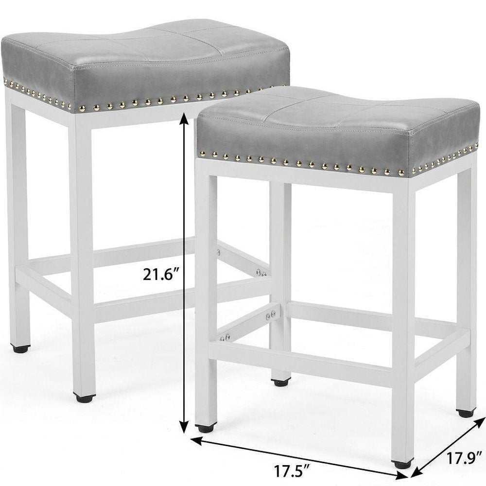 Set of Two 22 Gray and White Faux Leather and Steel Backless Bar Chairs