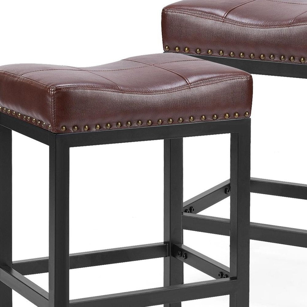 Set of Two 22 Brown and Black Faux Leather and Steel Backless Bar Chairs