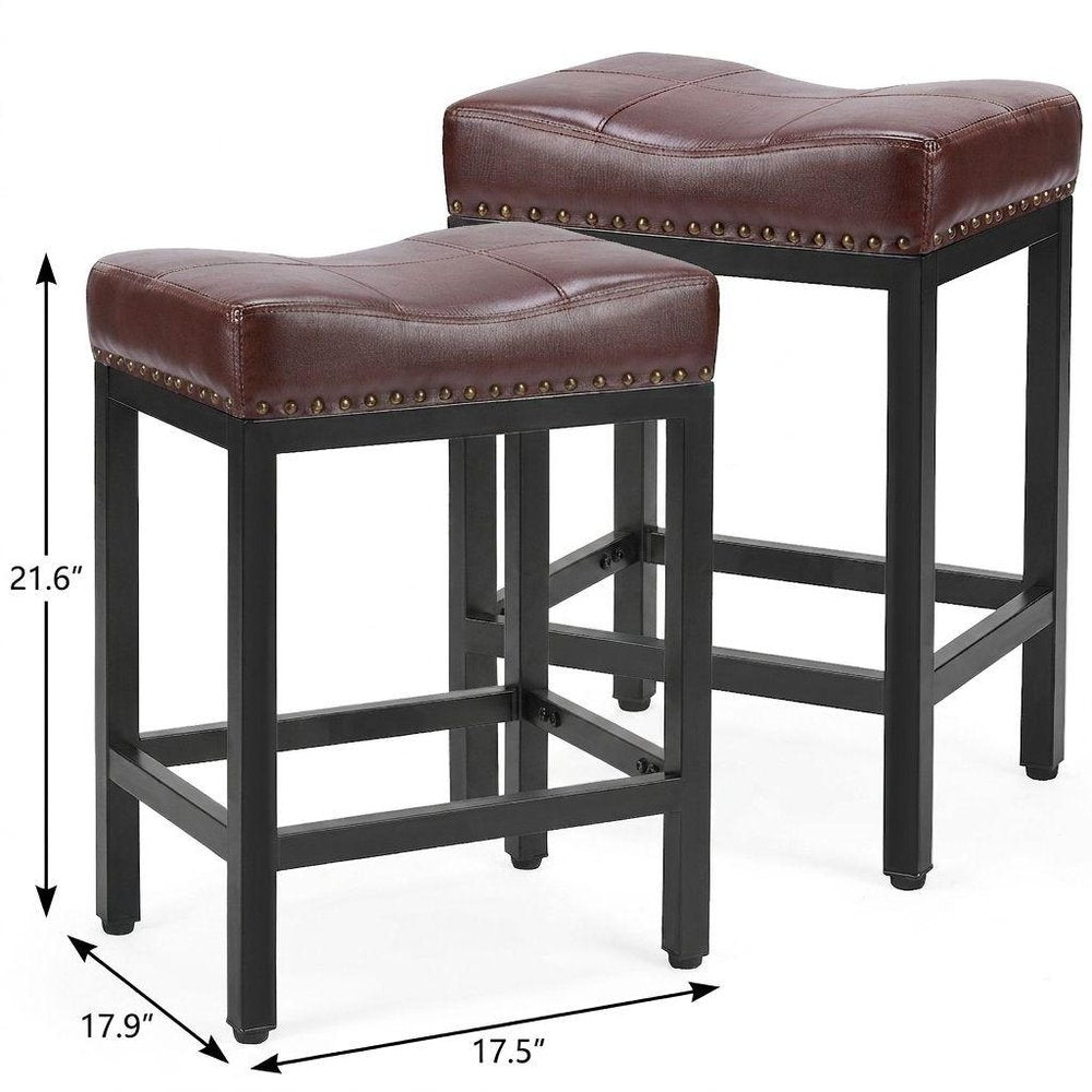 Set of Two 22 Brown and Black Faux Leather and Steel Backless Bar Chairs
