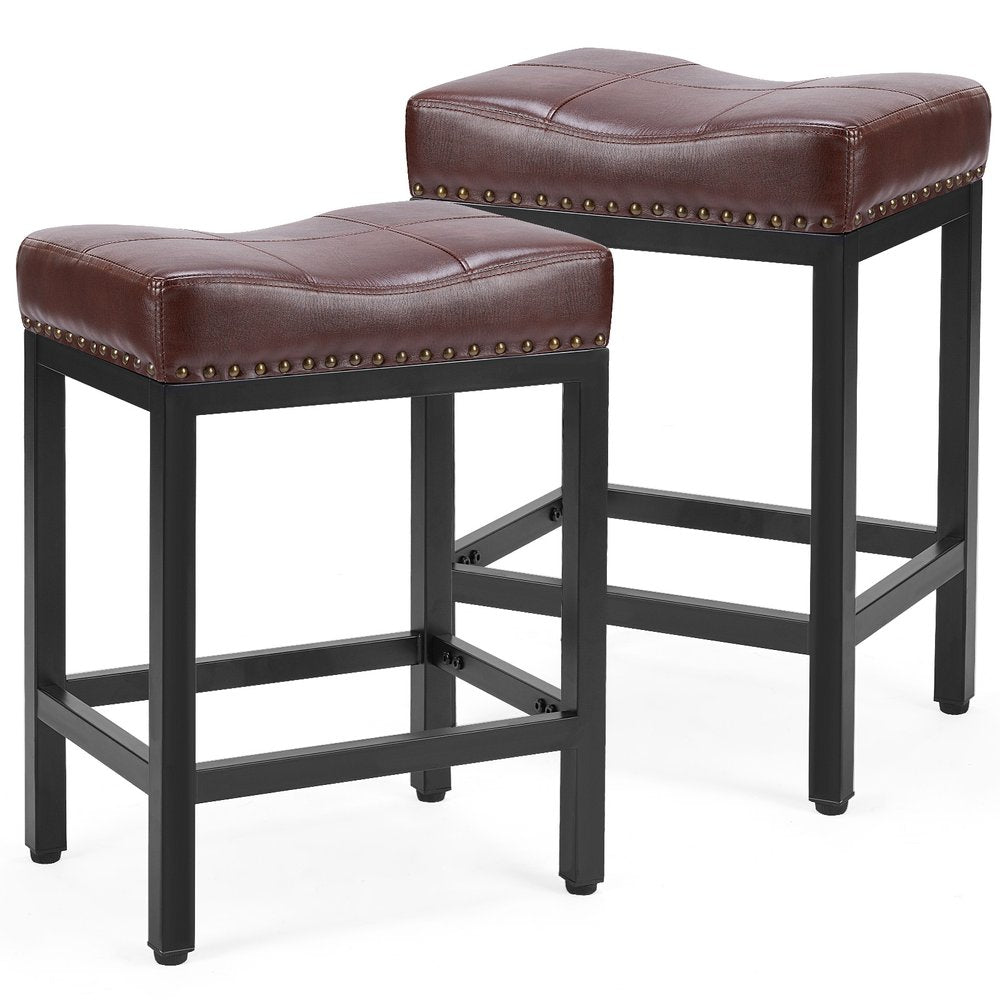 Set of Two 22 Brown and Black Faux Leather and Steel Backless Bar Chairs