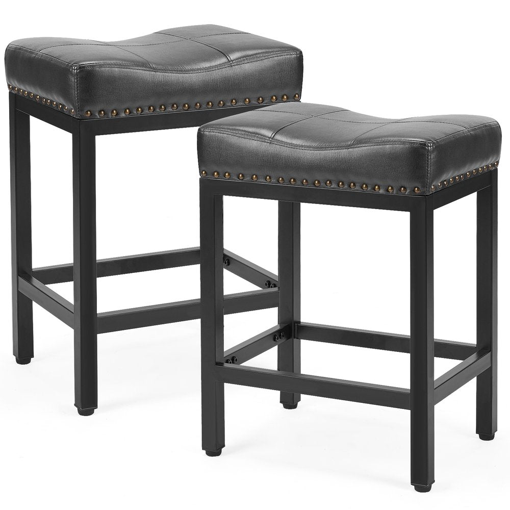 Set of Two 22 Black Faux Leather and Steel Backless Bar Chairs