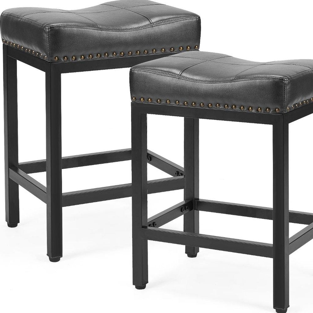 Set of Two 22 Black Faux Leather and Steel Backless Bar Chairs