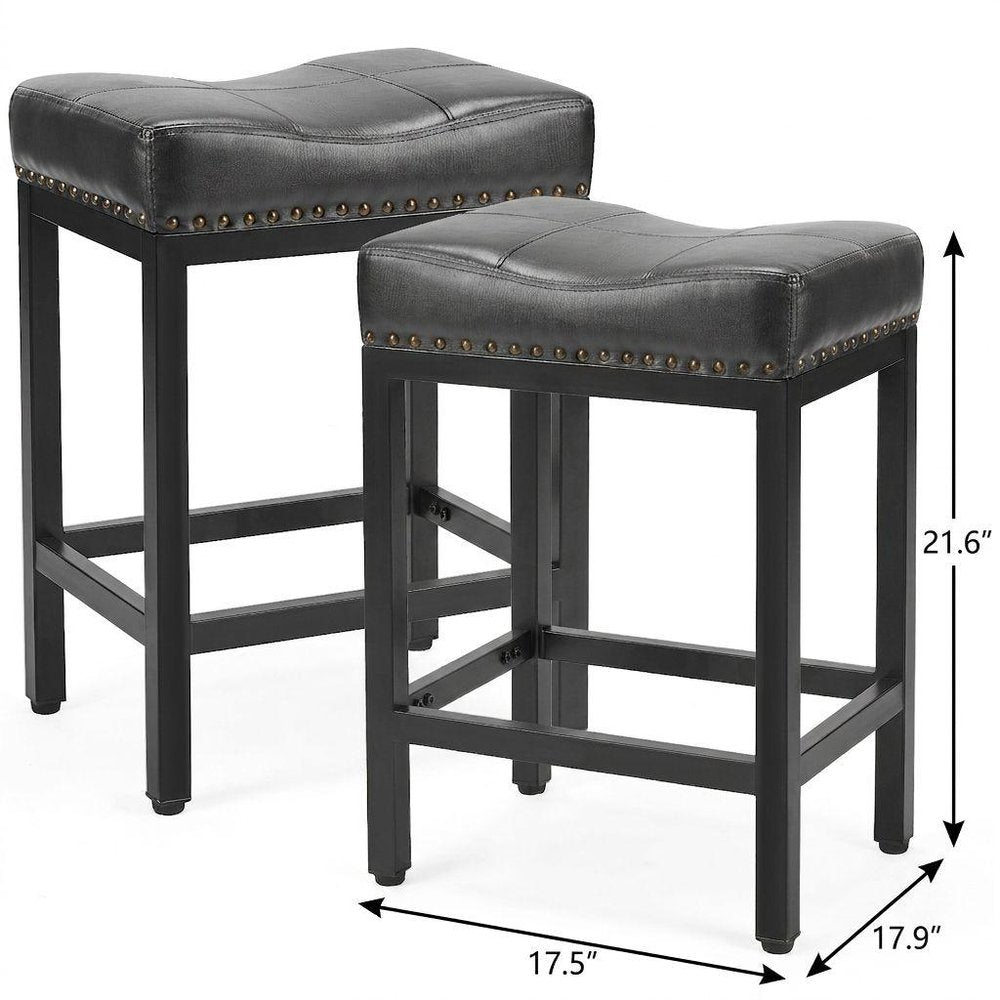 Set of Two 22 Black Faux Leather and Steel Backless Bar Chairs