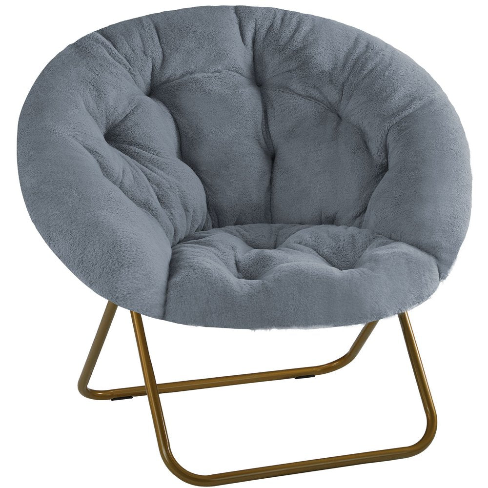 Gray and Bronze Tufted Faux Fur and Metal Folding Lounge Chair - 26-inch