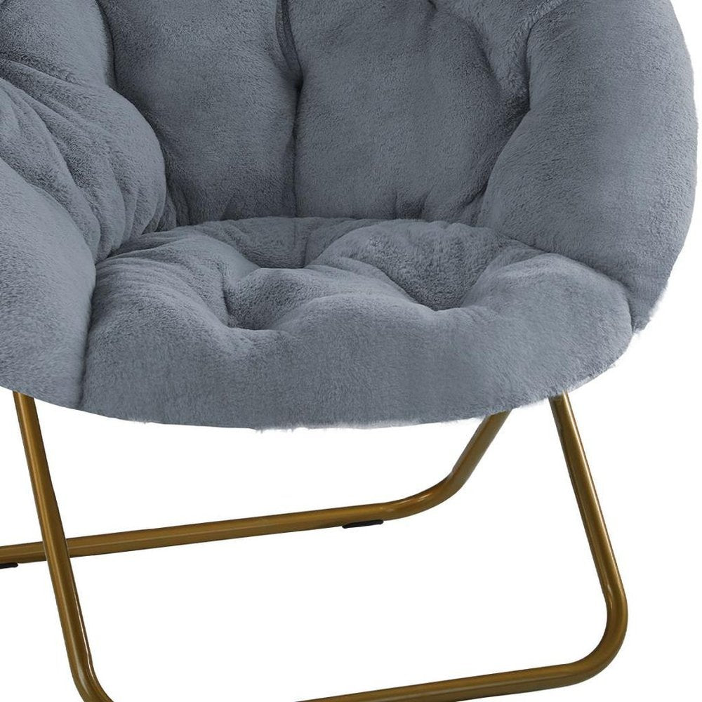 Gray and Bronze Tufted Faux Fur and Metal Folding Lounge Chair - 26-inch