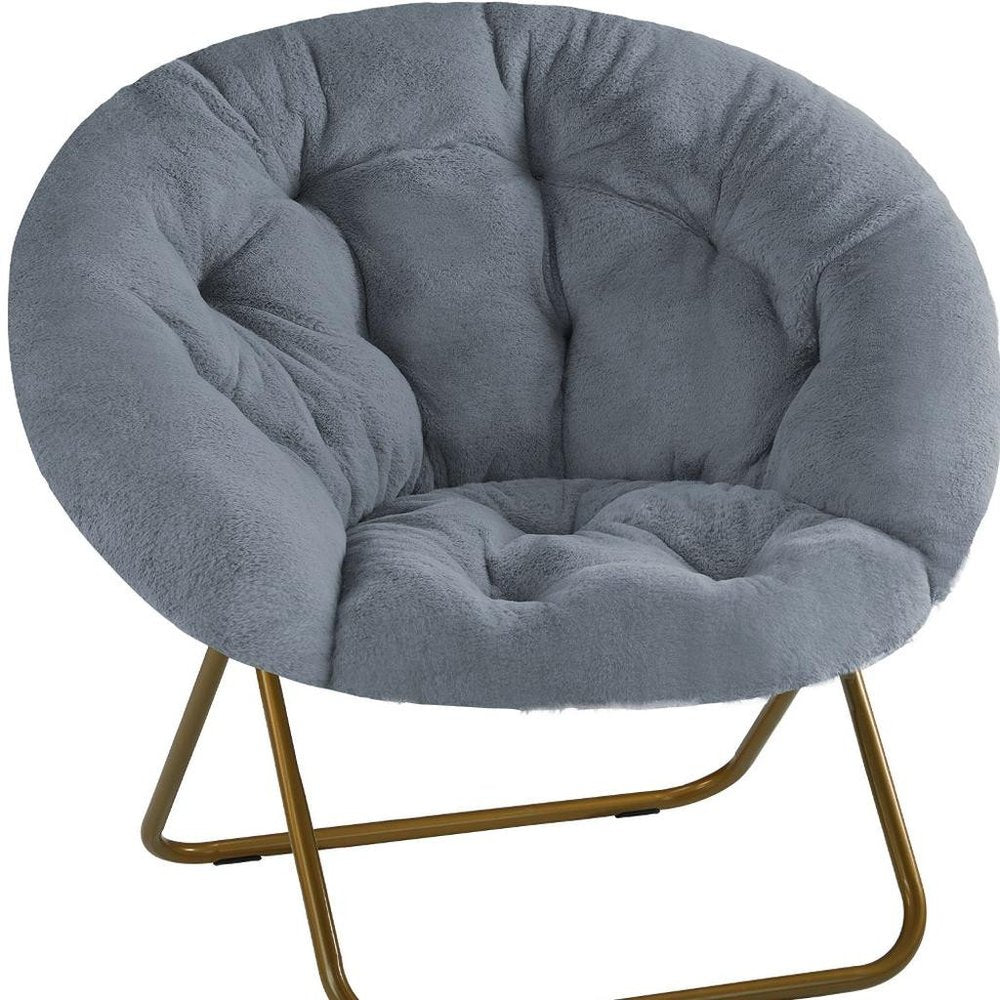 Gray and Bronze Tufted Faux Fur and Metal Folding Lounge Chair - 26-inch