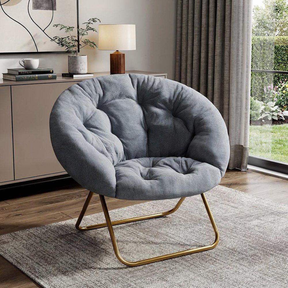 Gray and Bronze Tufted Faux Fur and Metal Folding Lounge Chair - 26-inch
