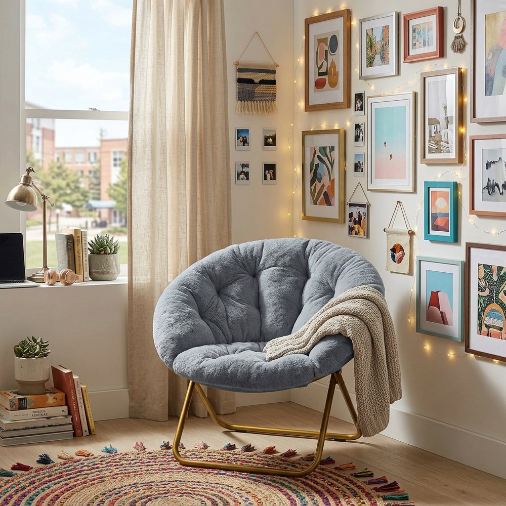 Gray and Bronze Tufted Faux Fur and Metal Folding Lounge Chair - 26-inch