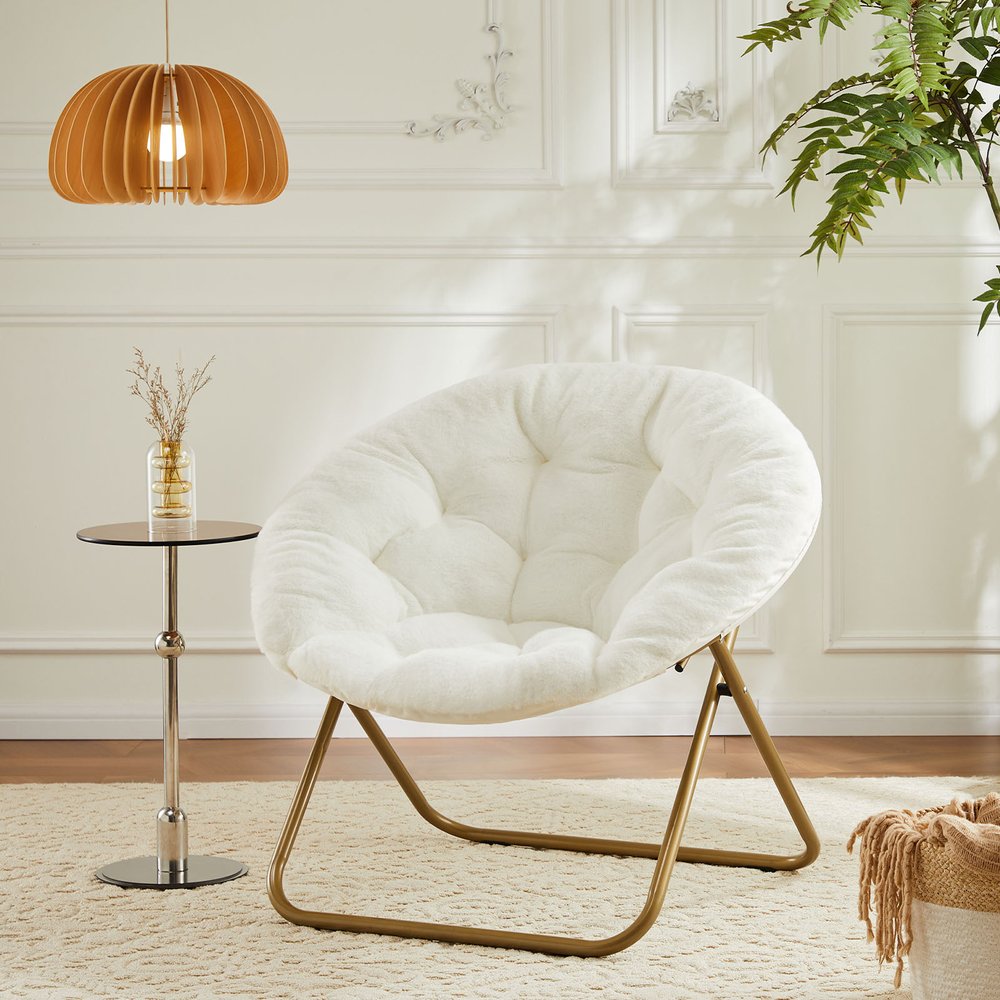 White and Bronze Tufted Faux Fur and Metal Lounge Chair - 26-inch