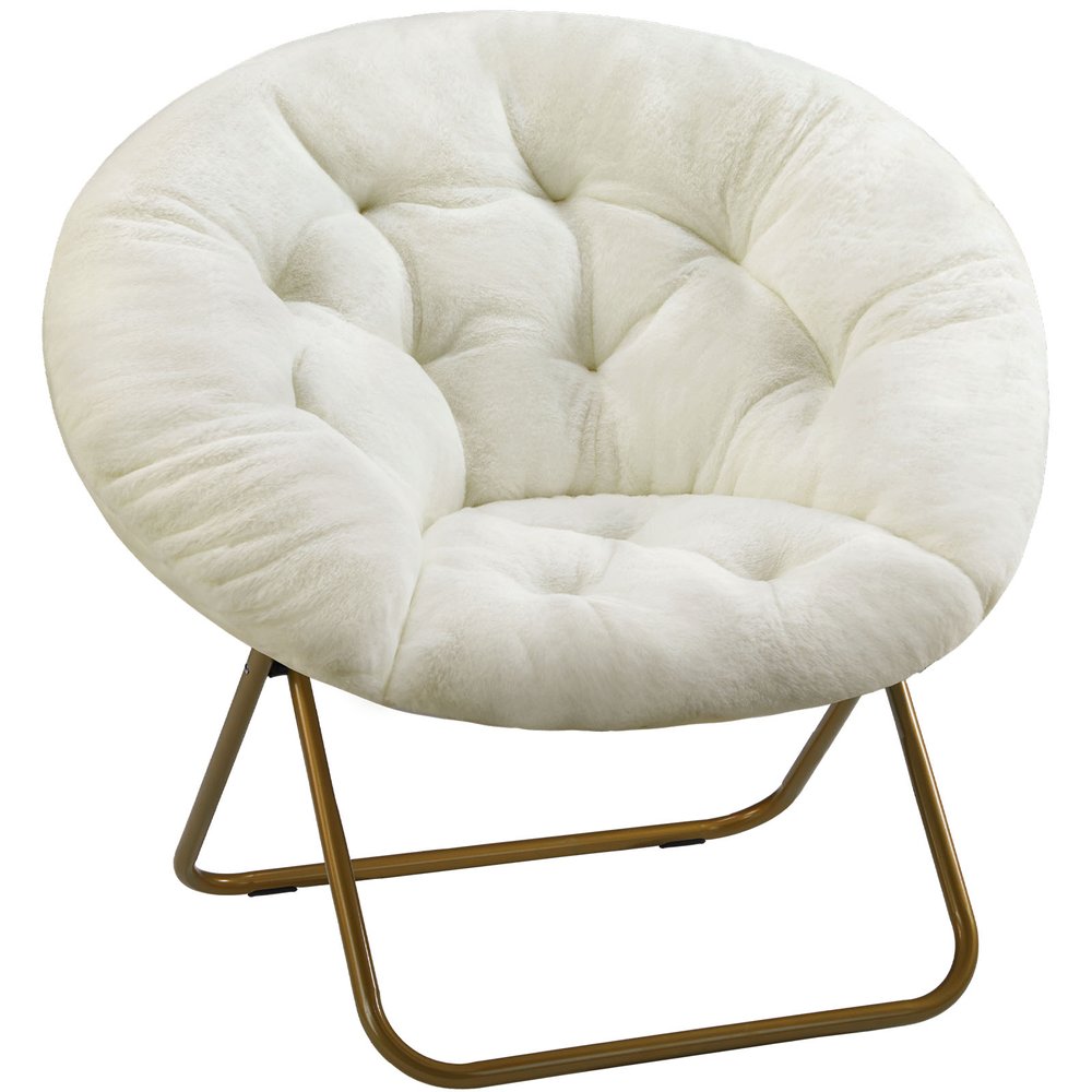 White and Bronze Tufted Faux Fur and Metal Lounge Chair - 26-inch