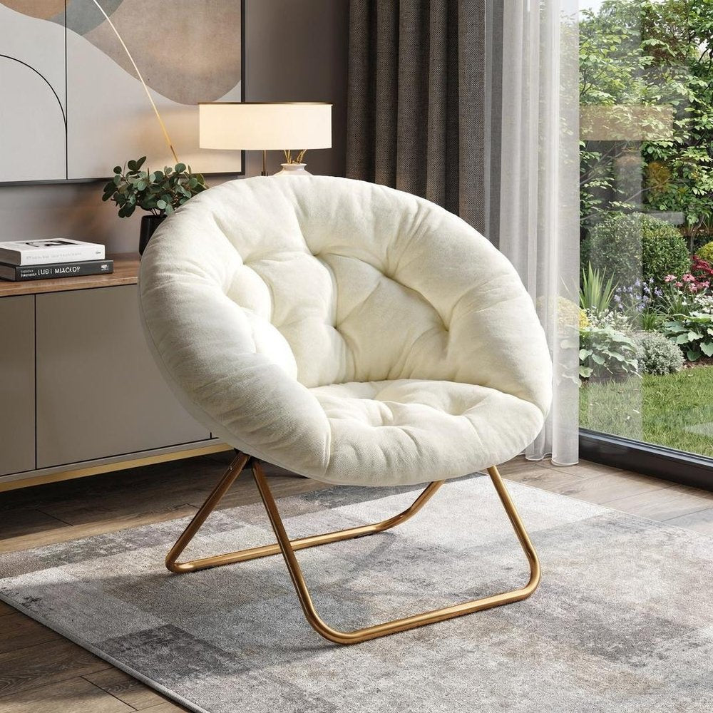White and Bronze Tufted Faux Fur and Metal Lounge Chair - 26-inch