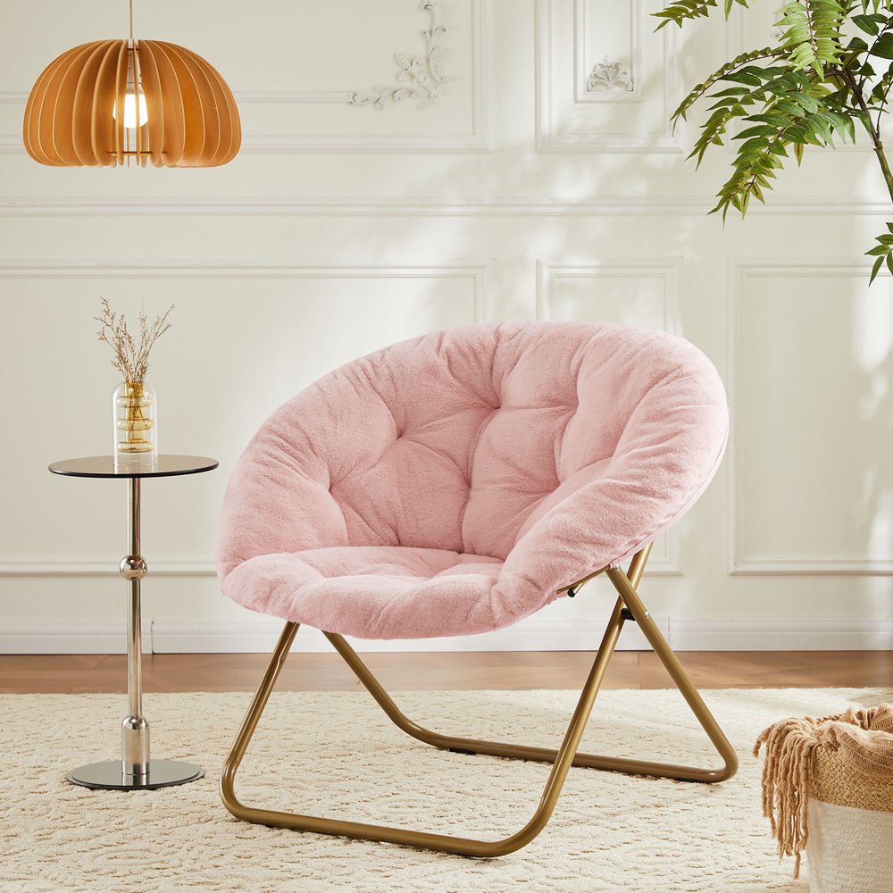 Pink and Bronze Tufted Faux Fur and Metal Folding Lounge Chair - 26-inch