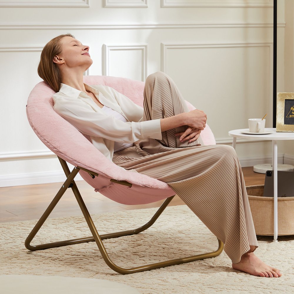 Pink and Bronze Tufted Faux Fur and Metal Folding Lounge Chair - 26-inch