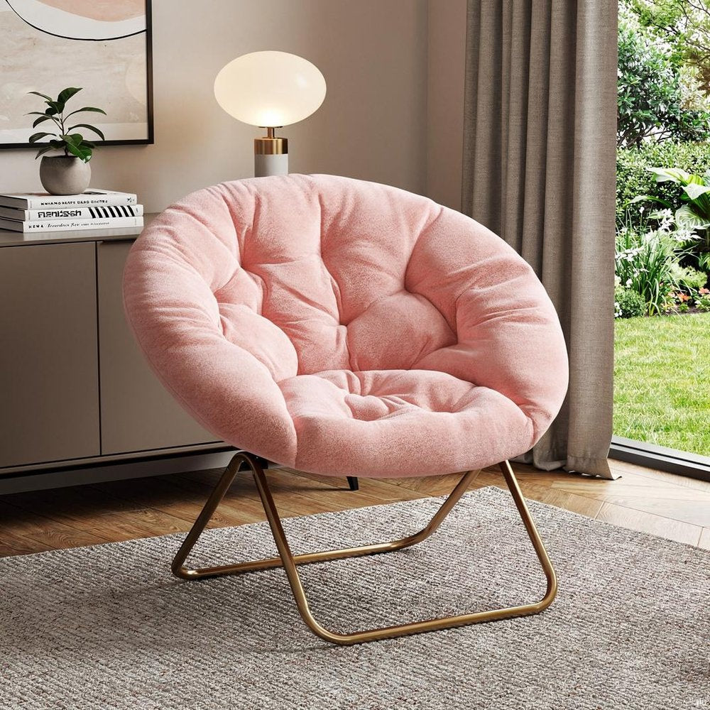 Pink and Bronze Tufted Faux Fur and Metal Folding Lounge Chair - 26-inch