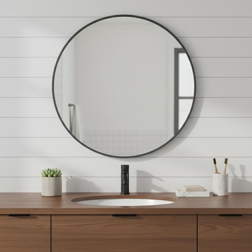 Black Metal Round Framed Bathroom Vanity Mirror - 24-inch