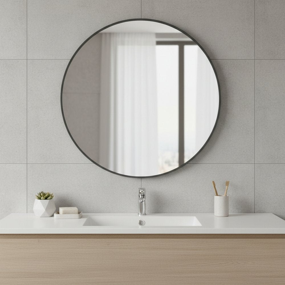 Black Metal Round Framed Bathroom Vanity Mirror - 30-inch