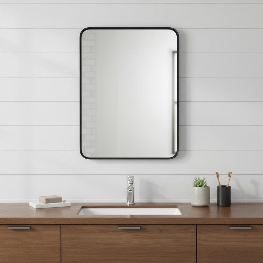 Black Metal Floating Framed Bathroom Vanity Mirror - 35-inch