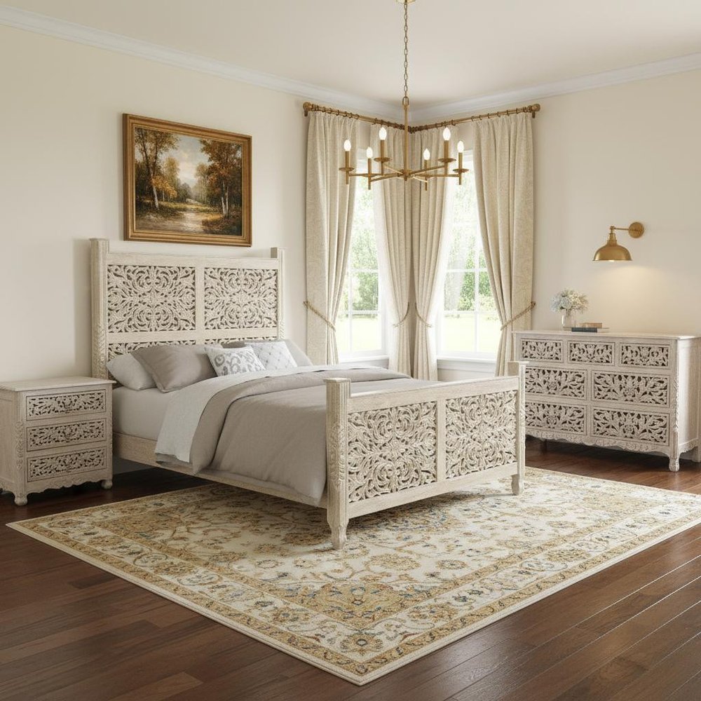 Three Piece White Solid Wood Bedroom Set