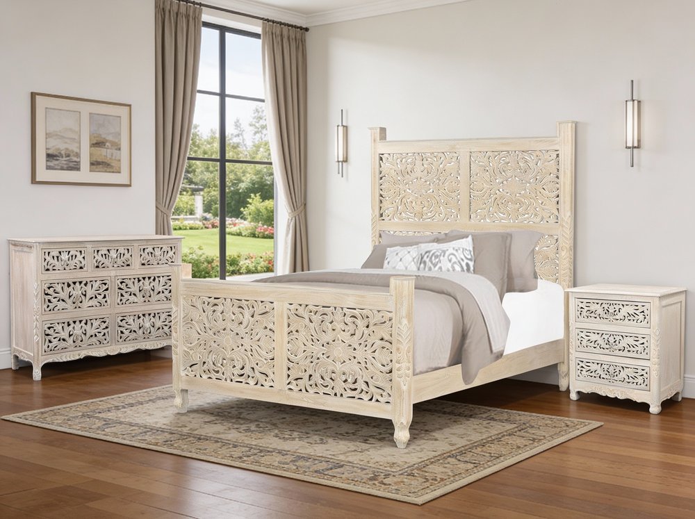 Three Piece White Solid Wood Bedroom Set