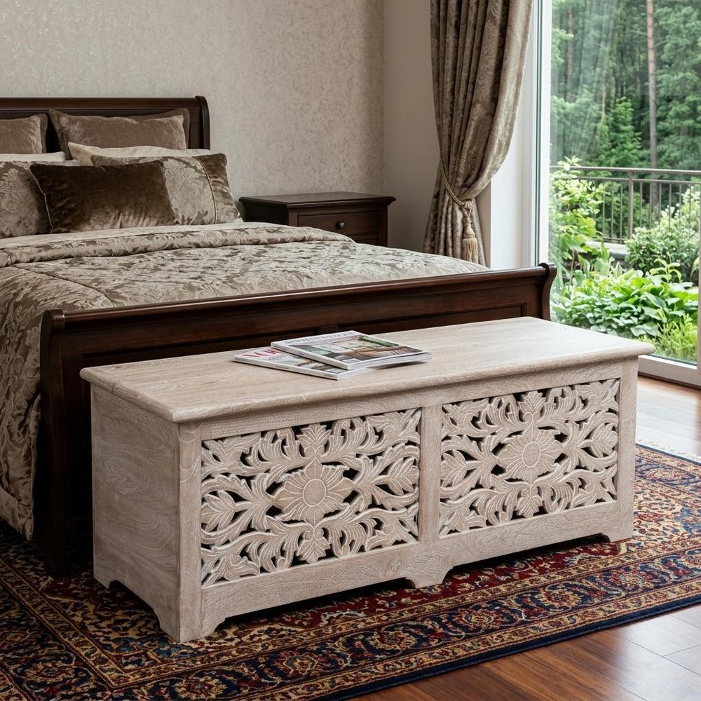 White Distressed Solid Wood Carved Floral Storage Ottoman - 52-inch