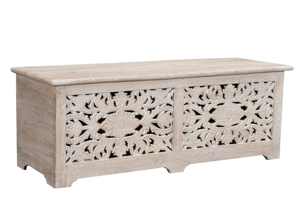 White Distressed Solid Wood Carved Floral Storage Ottoman - 52-inch