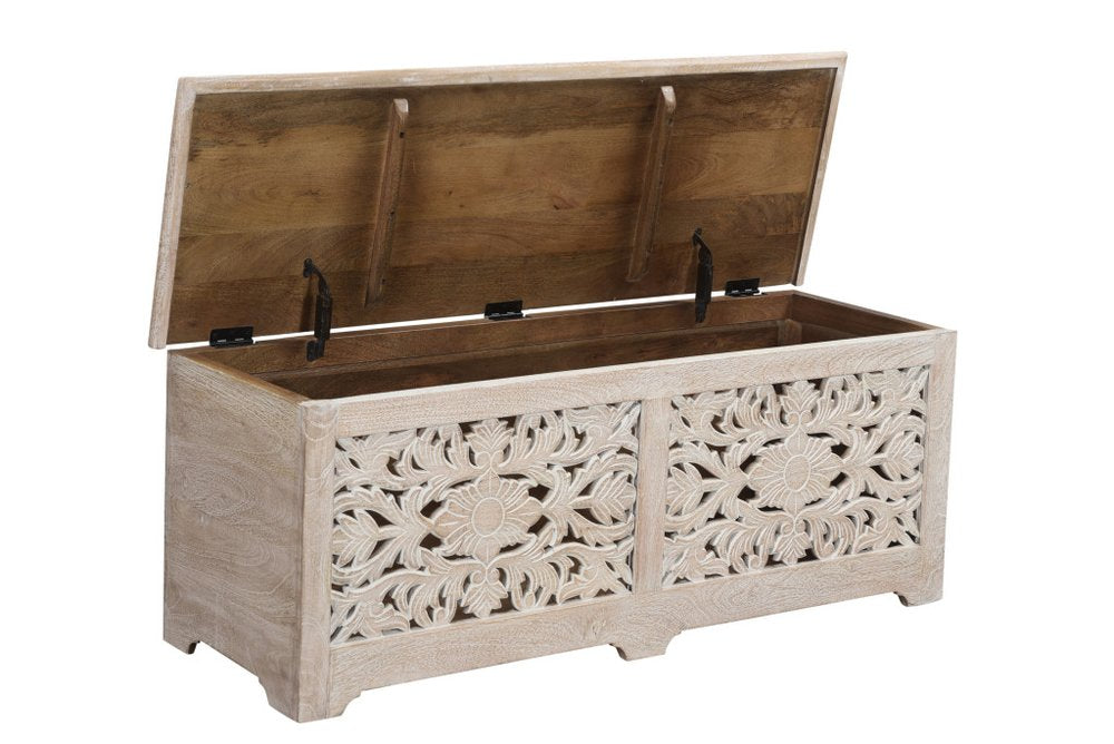 White Distressed Solid Wood Carved Floral Storage Ottoman - 52-inch