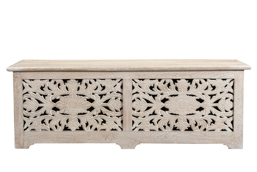 White Distressed Solid Wood Carved Floral Storage Ottoman - 52-inch