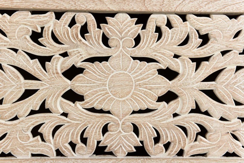 White Distressed Solid Wood Carved Floral Storage Ottoman - 52-inch