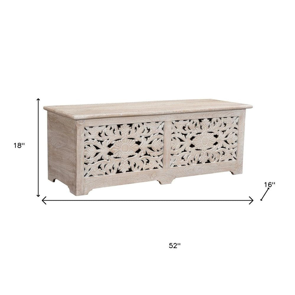 White Distressed Solid Wood Carved Floral Storage Ottoman - 52-inch