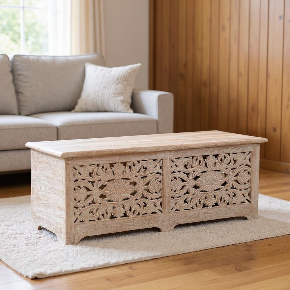 White Distressed Solid Wood Carved Floral Storage Ottoman - 52-inch