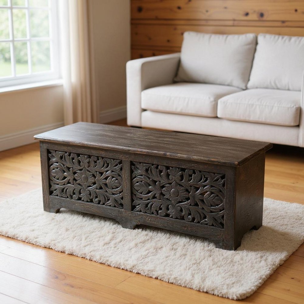 Black Distressed Solid Wood Carved Floral Storage Ottoman - 52-inch