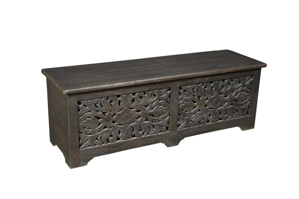 Black Distressed Solid Wood Carved Floral Storage Ottoman - 52-inch