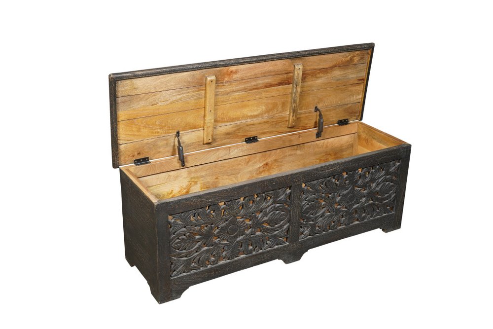 Black Distressed Solid Wood Carved Floral Storage Ottoman - 52-inch
