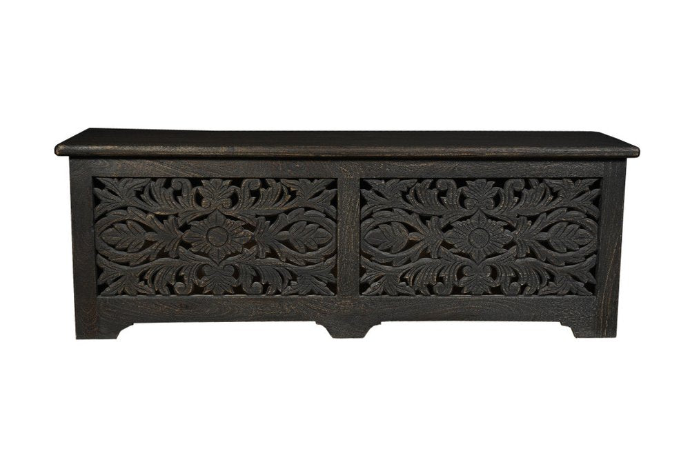 Black Distressed Solid Wood Carved Floral Storage Ottoman - 52-inch
