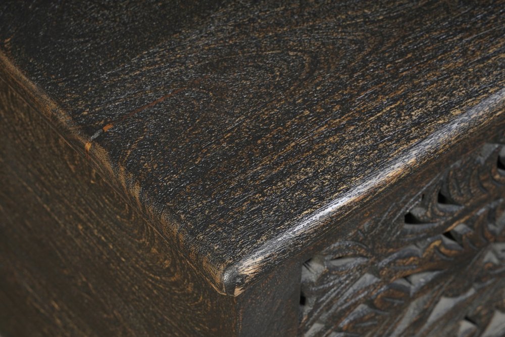 Black Distressed Solid Wood Carved Floral Storage Ottoman - 52-inch